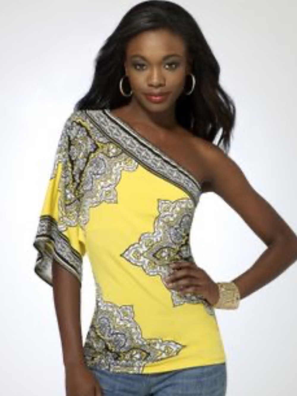 CACHE One Shoulder Kimono Sleeve Top Yellow White Y2K Size S Small $75 KL EUC